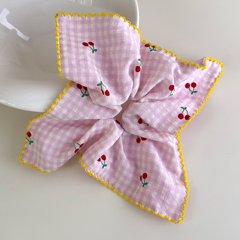 E廠-甜美韓國格子櫻桃方巾大腸髮圈女方形紮頭髮低馬尾髮繩頭繩髮飾品「27018」25.05-5