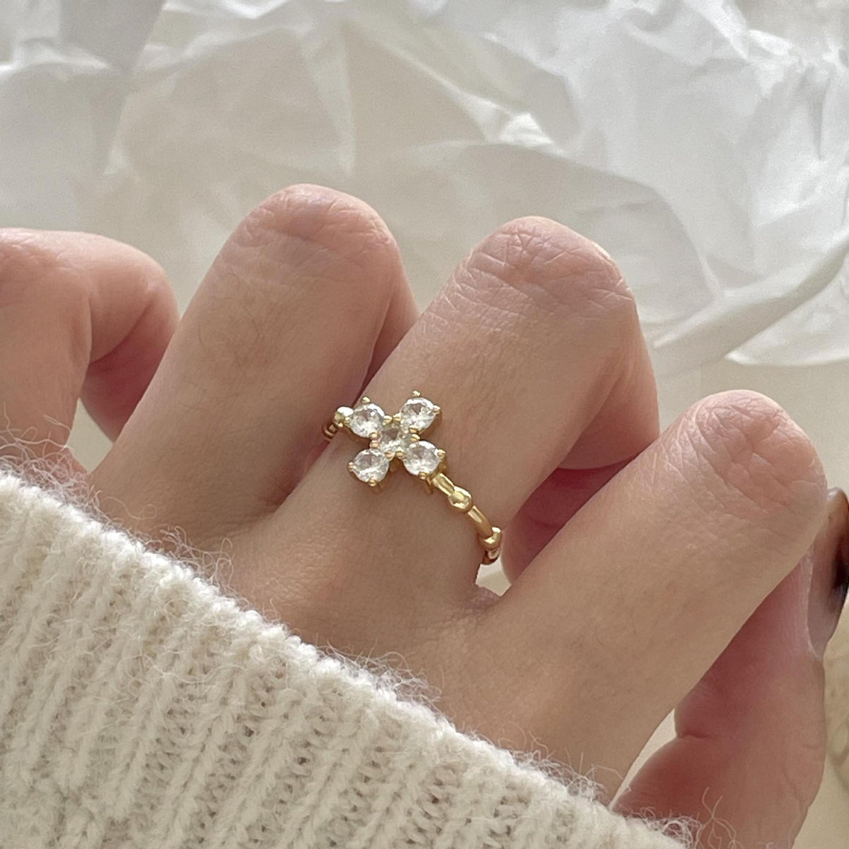 F廠-韓國韓版 925純銀白鑽十字架戒金色戒簡約百搭INS網紅小眾戒指「J940」25.03-4