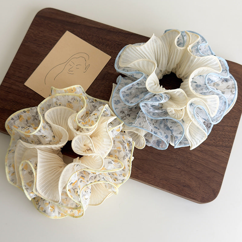 E廠-泡泡紗碎花雙層褶皺花邊大腸髮圈女扎頭髮低馬尾皮筋丸子頭繩髮飾「27063」25.06-2