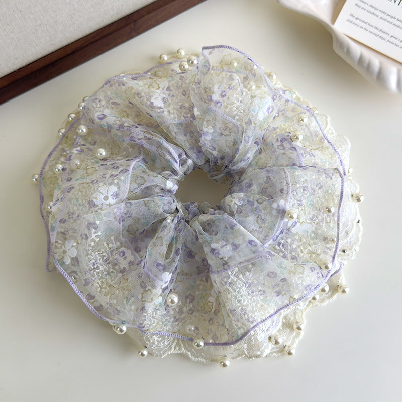 E廠-超仙蕾絲花朵珍珠大腸髮圈女高端大腸頭繩耐用皮筋精緻扎頭髮髮飾「27127」25.06-4