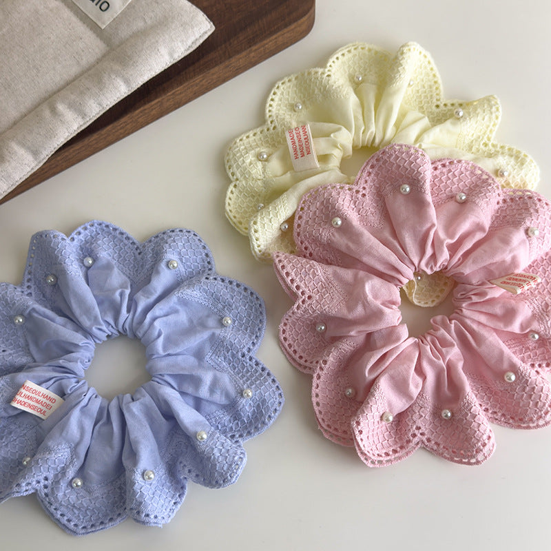 E廠-韓國小清新珍珠刺繡蕾絲大腸髮圈2025新款扎馬尾氣質髮飾丸子頭繩「27076」25.06-3