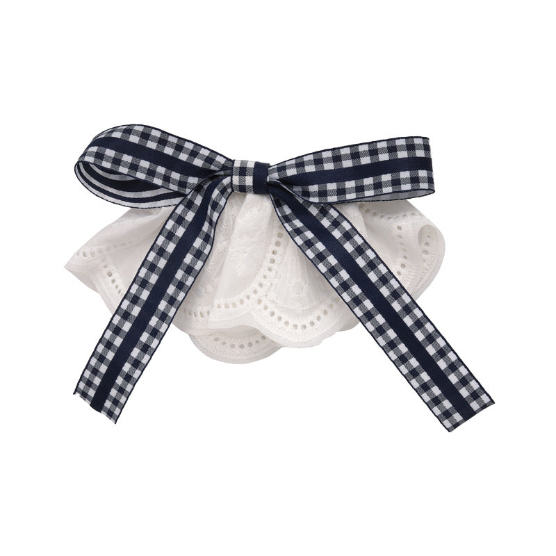 E廠-韓國氣質白色裙邊藏青色格子蝴蝶結髮夾飄帶頂夾女2025新款彈簧夾「27089」25.06-3