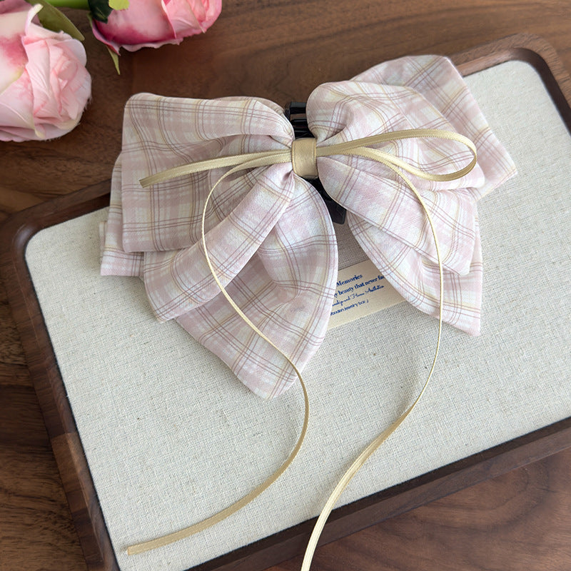 E廠-2025新款甜美格子蝴蝶結絲巾馬尾夾後腦勺夾子頭飾高級感髮飾抓夾「27132」25.06-4