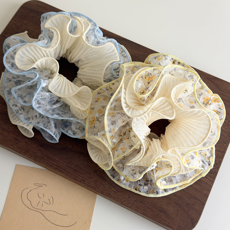 E廠-泡泡紗碎花雙層褶皺花邊大腸髮圈女扎頭髮低馬尾皮筋丸子頭繩髮飾「27063」25.06-2