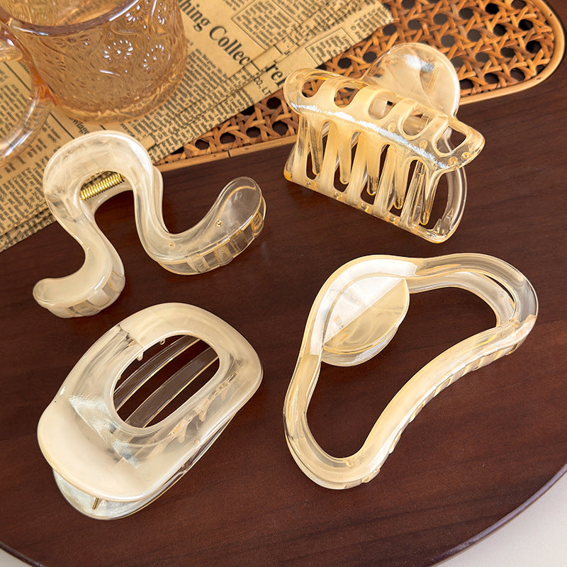 E廠-果凍茶色系紋理幾何抓夾女後腦勺盤髮鯊魚夾子半扎髮氣質髮卡髮飾「27314-2」25.08-4