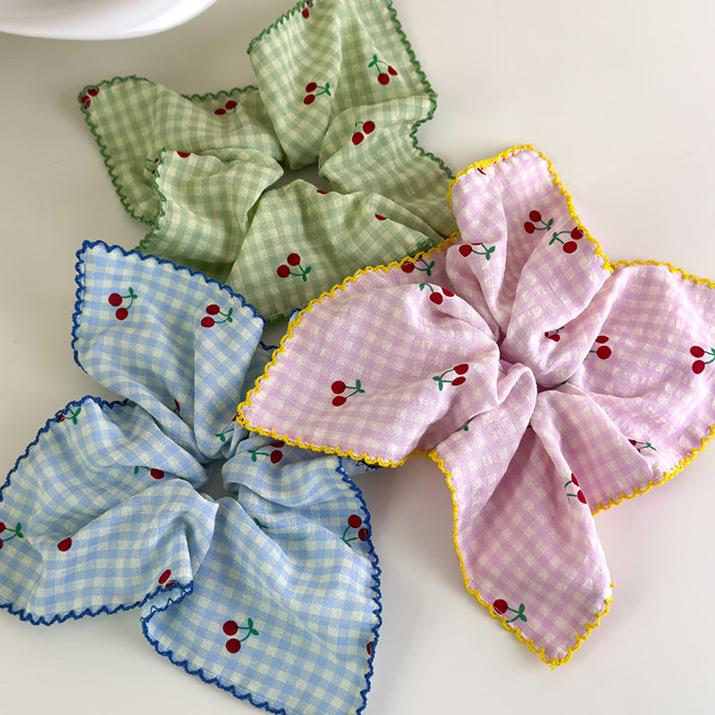 E廠-甜美韓國格子櫻桃方巾大腸髮圈女方形紮頭髮低馬尾髮繩頭繩髮飾品「27018」25.05-5