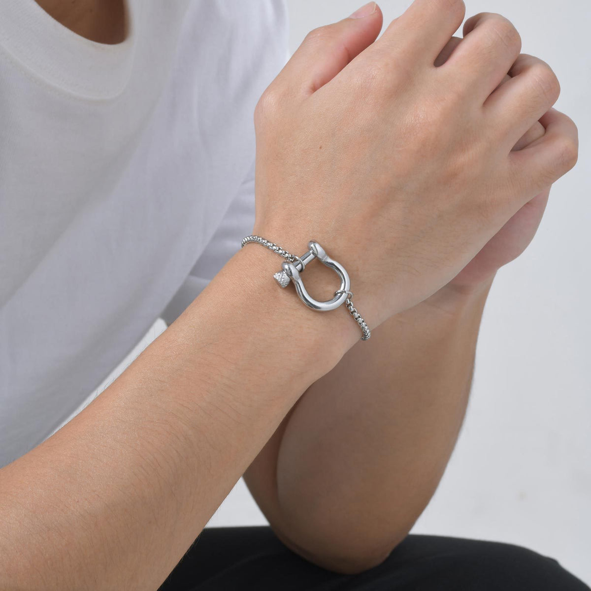 G廠-跨境鈦鋼飾品 嘻哈潮流男士個性不鏽鋼方珍珠鏈馬蹄扣手鍊「BR-2510」25.05-5