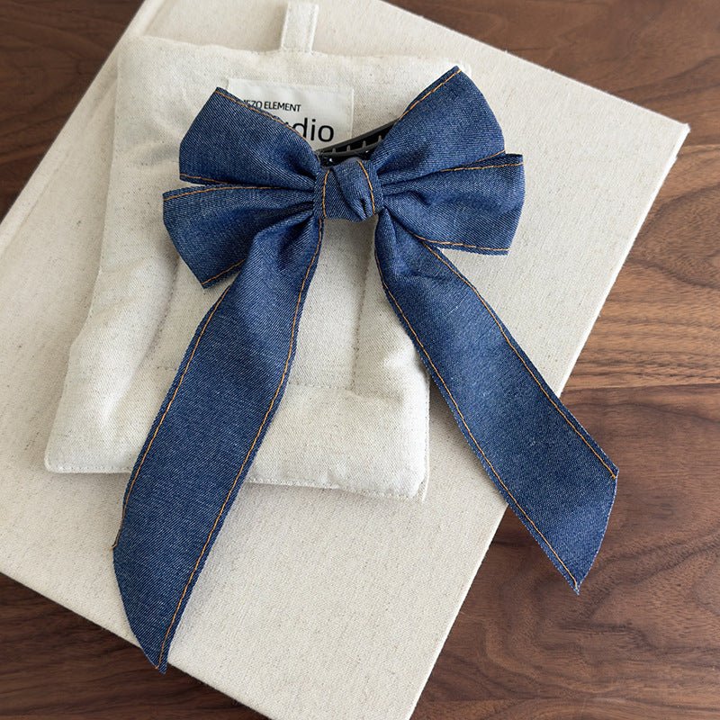 E廠-韓系時髦牛仔飄帶蝴蝶結髮夾簡約高級感後腦勺大號鴨嘴夾甜美髮飾「27096」25.06-3