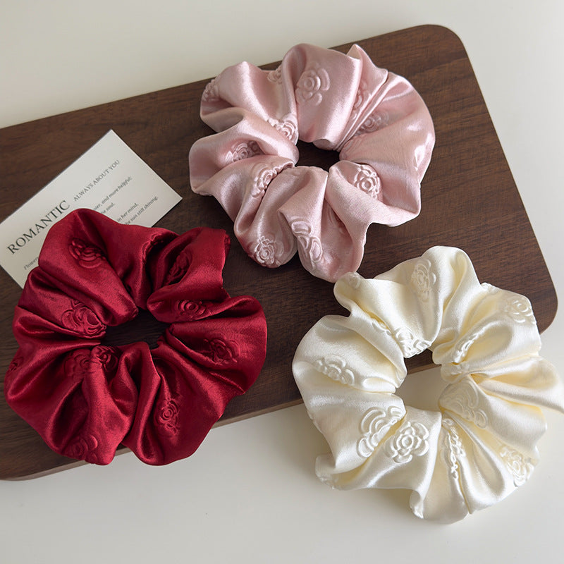 E廠-高級感純色輕奢立體壓花緞面大腸髮圈女慵懶風簡約百搭扎頭髮皮筋「27104」25.06-4