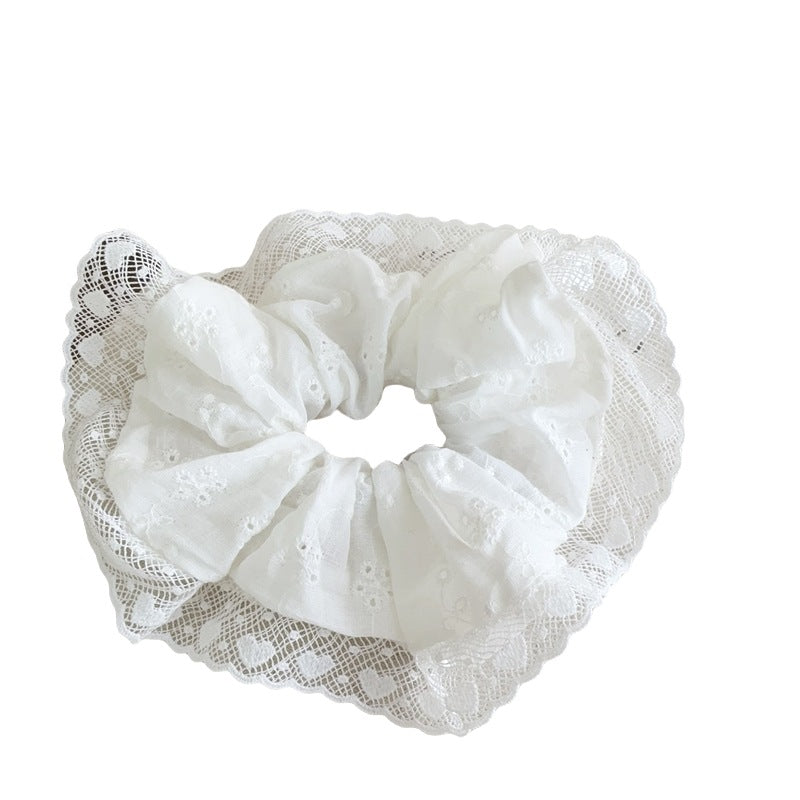 E廠-白色刺繡蕾絲花紋大腸髮圈髮箍扎頭繩蝴蝶結丸子頭氛圍感髮繩頭飾「27075」25.06-2