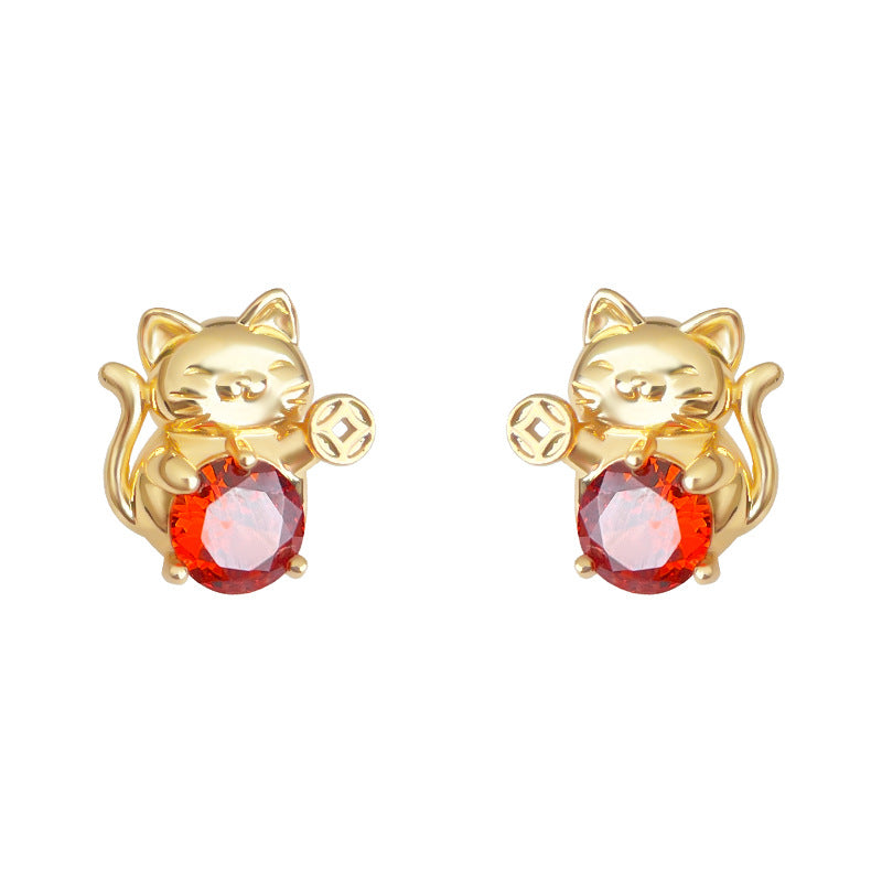 A廠-原創找財貓! 925銀針鑲嵌鋯石個性小眾設計趣味貓咪耳環 耳飾工廠「6990」25.10-5