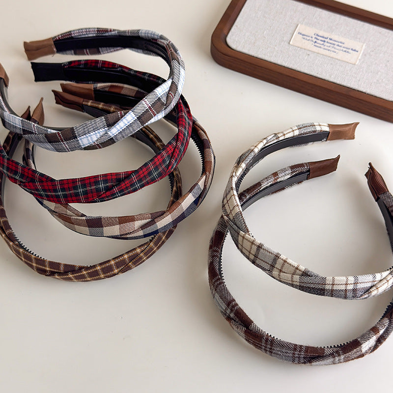 E廠-學院風布藝格紋麻花髮箍女美拉德百搭髮卡高顱頂壓髮頭箍氣質髮飾「27378」25.08-4