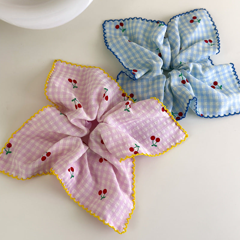 E廠-甜美韓國格子櫻桃方巾大腸髮圈女方形紮頭髮低馬尾髮繩頭繩髮飾品「27018」25.05-5