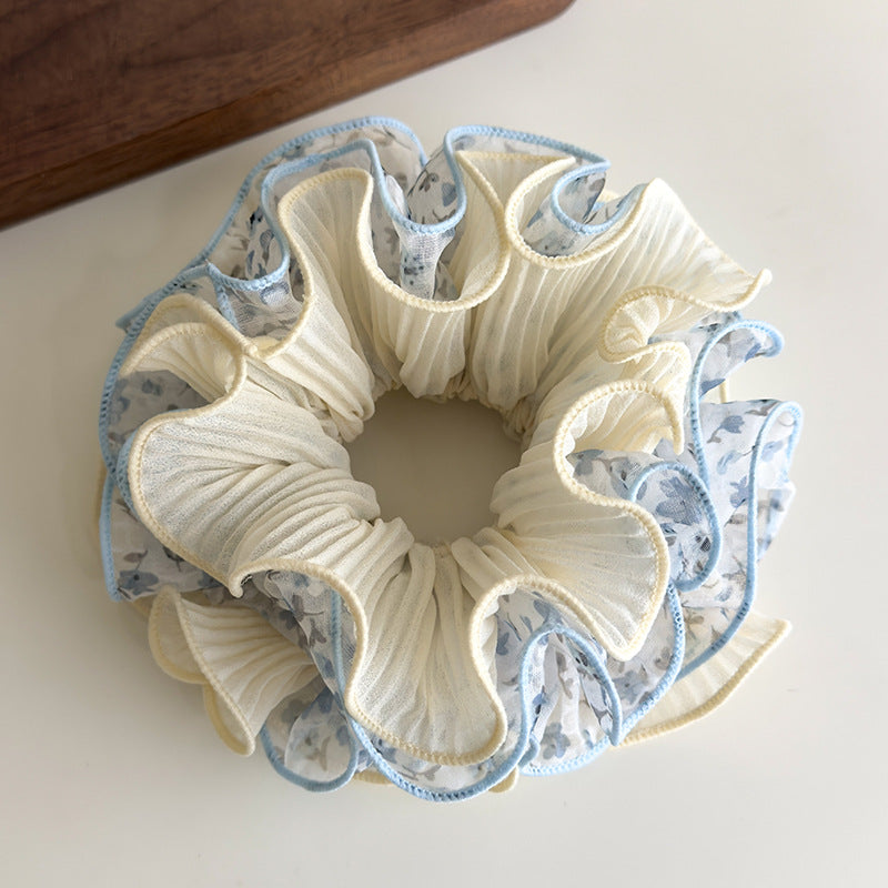 E廠-泡泡紗碎花雙層褶皺花邊大腸髮圈女扎頭髮低馬尾皮筋丸子頭繩髮飾「27063」25.06-2