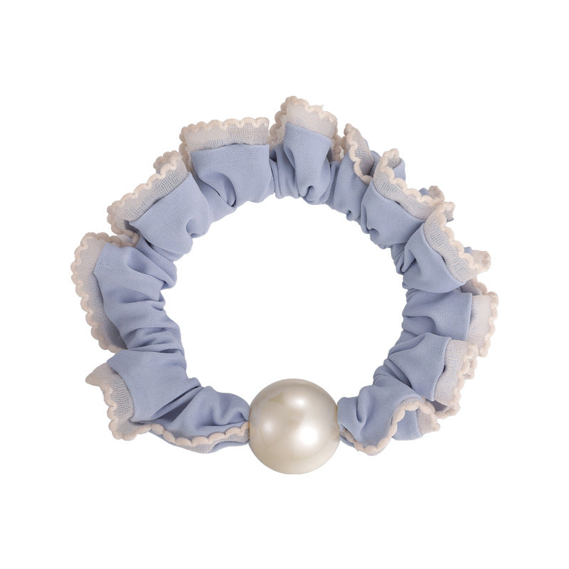 E廠-軟萌奶藍色蕾絲花邊珍珠髮圈甜美少女心大腸圈扎髮繩頭花皮筋頭飾「27115」25.06-4