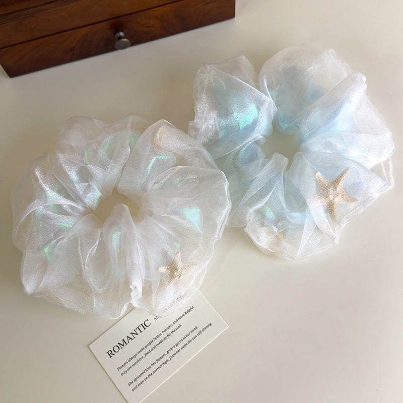 E廠-夏日海洋溫柔網紗雙層海星貝殼大腸髮圈大號丸子頭髮飾扎頭髮皮筋「27042」25.06-1