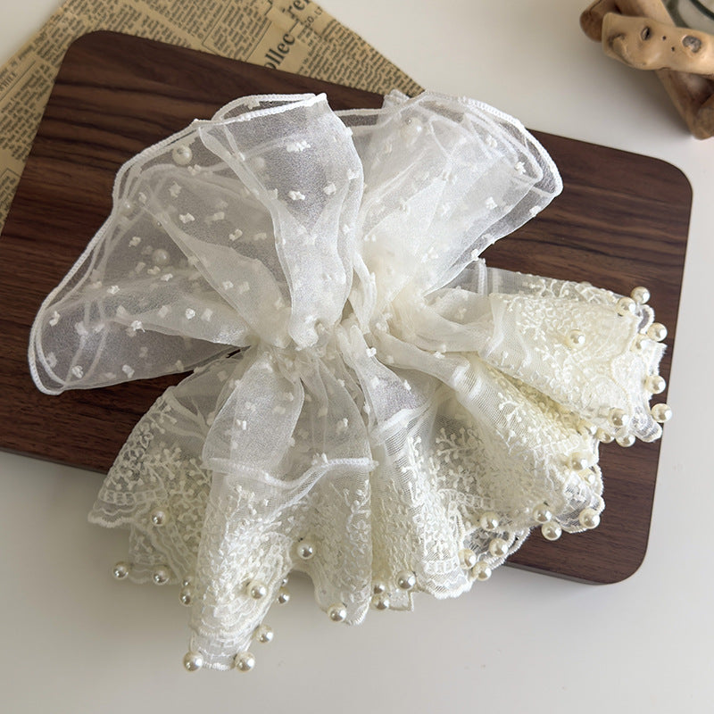 E廠-白色網紗裙擺珍珠蕾絲大腸髮圈2025新款超大號扎頭髮頭花髮繩髮飾「27129」25.06-4