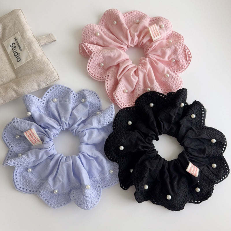 E廠-韓國小清新珍珠刺繡蕾絲大腸髮圈2025新款扎馬尾氣質髮飾丸子頭繩「27076」25.06-3