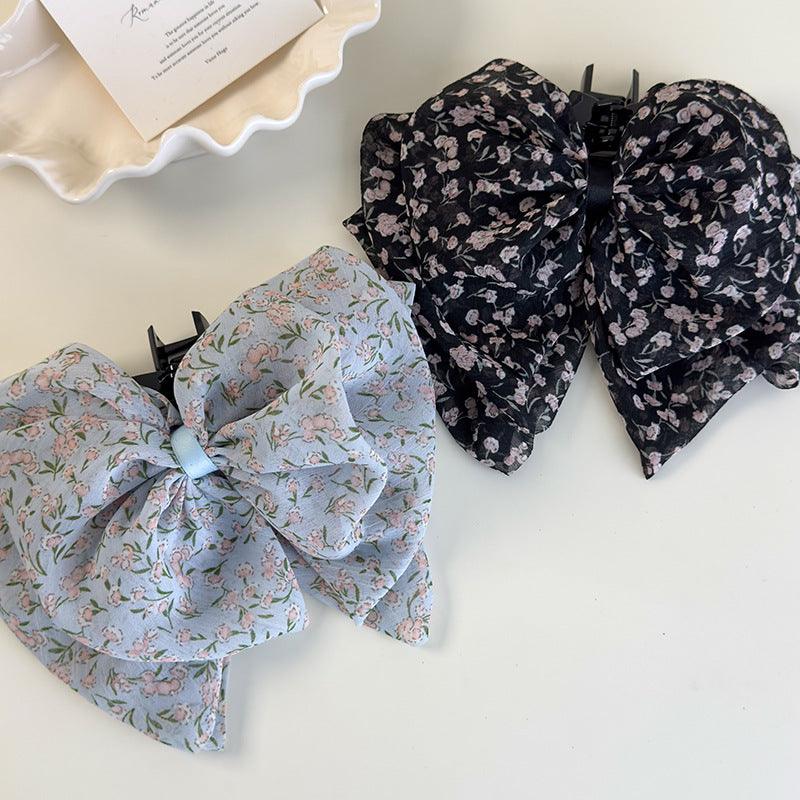 E廠-超仙小碎花雪紡蝴蝶結髮夾後腦勺高端馬尾抓夾2025新款田園風髮飾「26762」25.04-1