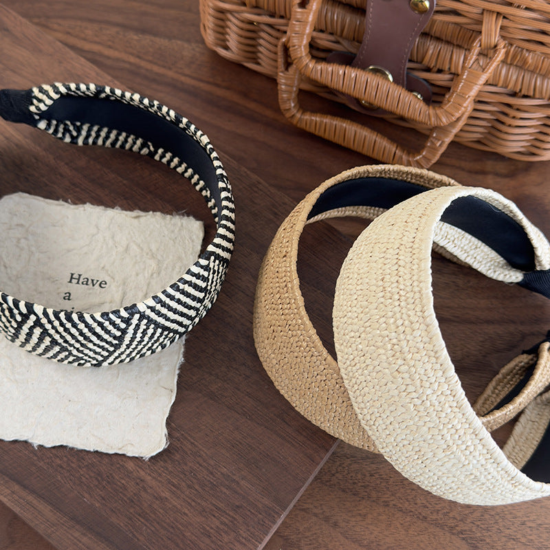 E廠-復古老錢風草編寬邊髮箍女高級感日常外戴頭箍高顱頂度假髮捆頭飾「26926」25.05-3