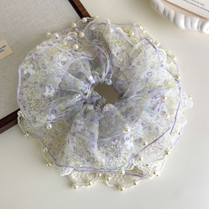E廠-超仙蕾絲花朵珍珠大腸髮圈女高端大腸頭繩耐用皮筋精緻扎頭髮髮飾「27127」25.06-4