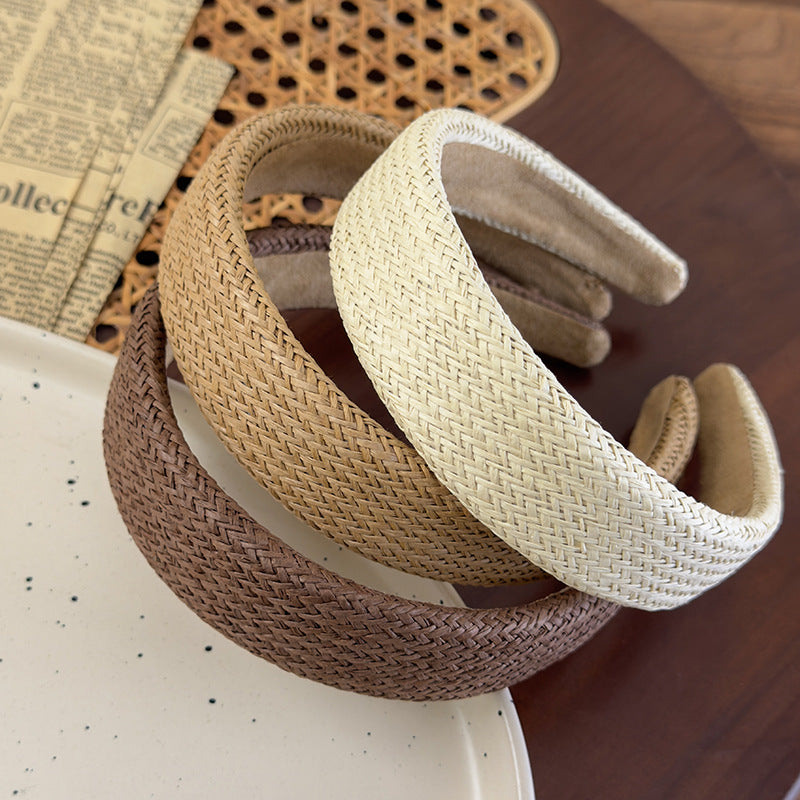 E廠-韓國ins夏季草編拉菲草寬邊髮箍百搭氣質純色頭箍壓髮髮卡髮飾女「27011」25.05-5