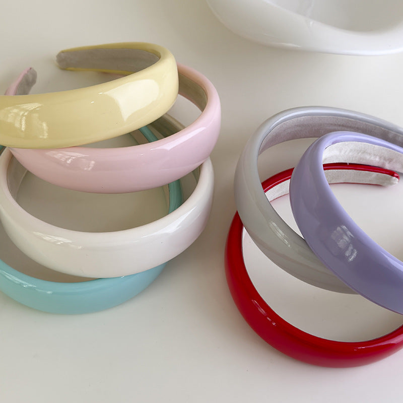 E廠-夏季多巴胺糖果色漆皮亮面皮海綿髮箍PU皮高顱頂純色頭箍髮卡髮飾「27077」25.06-3