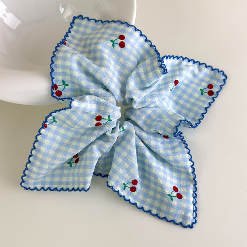 E廠-甜美韓國格子櫻桃方巾大腸髮圈女方形紮頭髮低馬尾髮繩頭繩髮飾品「27018」25.05-5