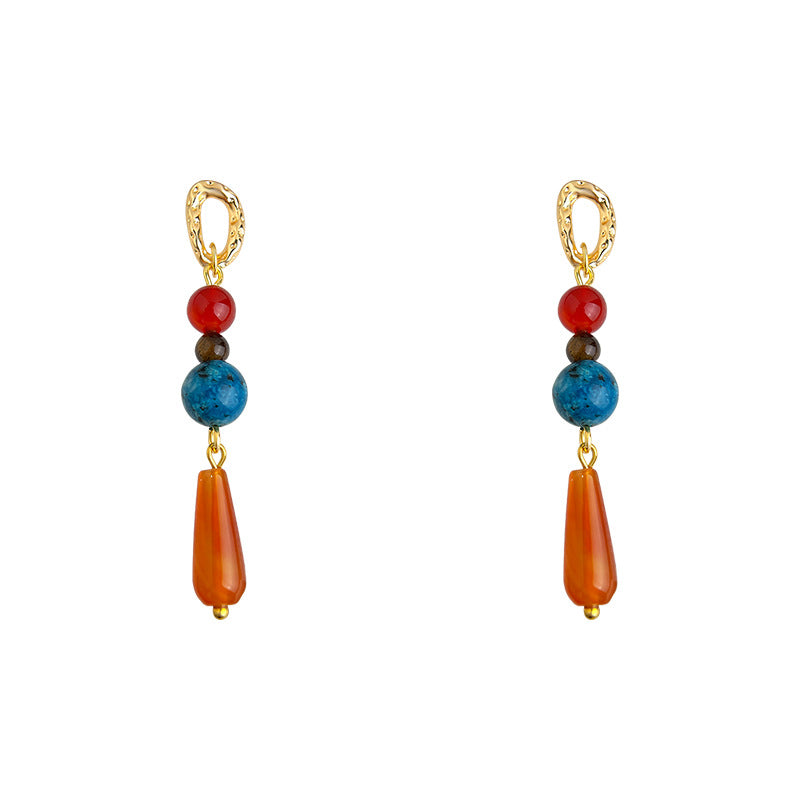 A廠-文藝復古設計師款天然石紅瑪瑙長款水滴流蘇新款耳環工廠耳環飾品「6929」25.10-3