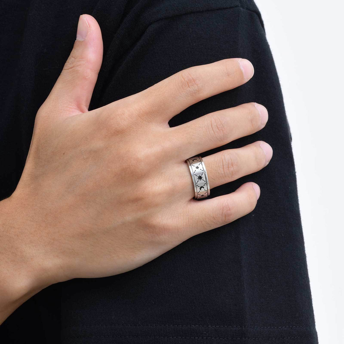 G廠-跨境男士潮流不鏽鋼全光腐蝕太陽月亮可轉動戒指飾品「R-576」25.08-5