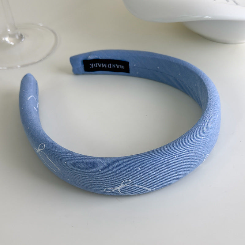 E廠-海鹽藍色系~法式蝴蝶結印花布藝寬邊髮箍清爽百搭高顱頂海綿頭箍「27043」25.06-1