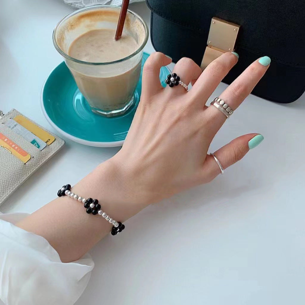 C廠-韓式個性甜美小清新S925純銀圓珠黑瑪瑙花朵彈力繩手鍊戒指通體銀「JA64-SD43」25.04-3