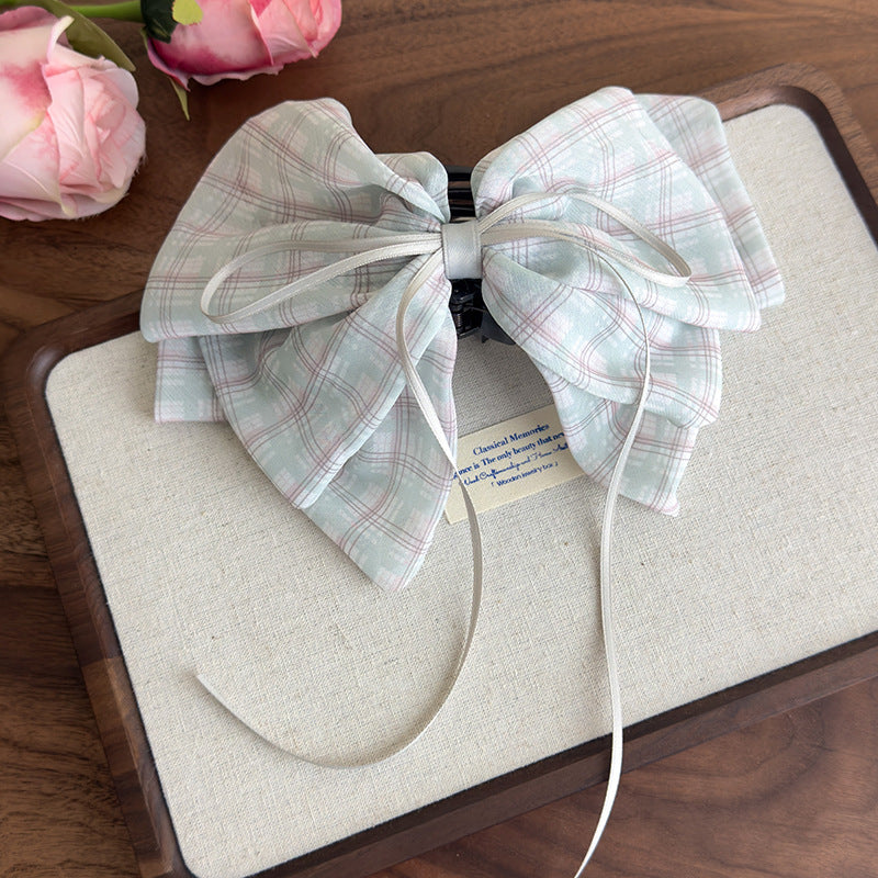 E廠-2025新款甜美格子蝴蝶結絲巾馬尾夾後腦勺夾子頭飾高級感髮飾抓夾「27132」25.06-4