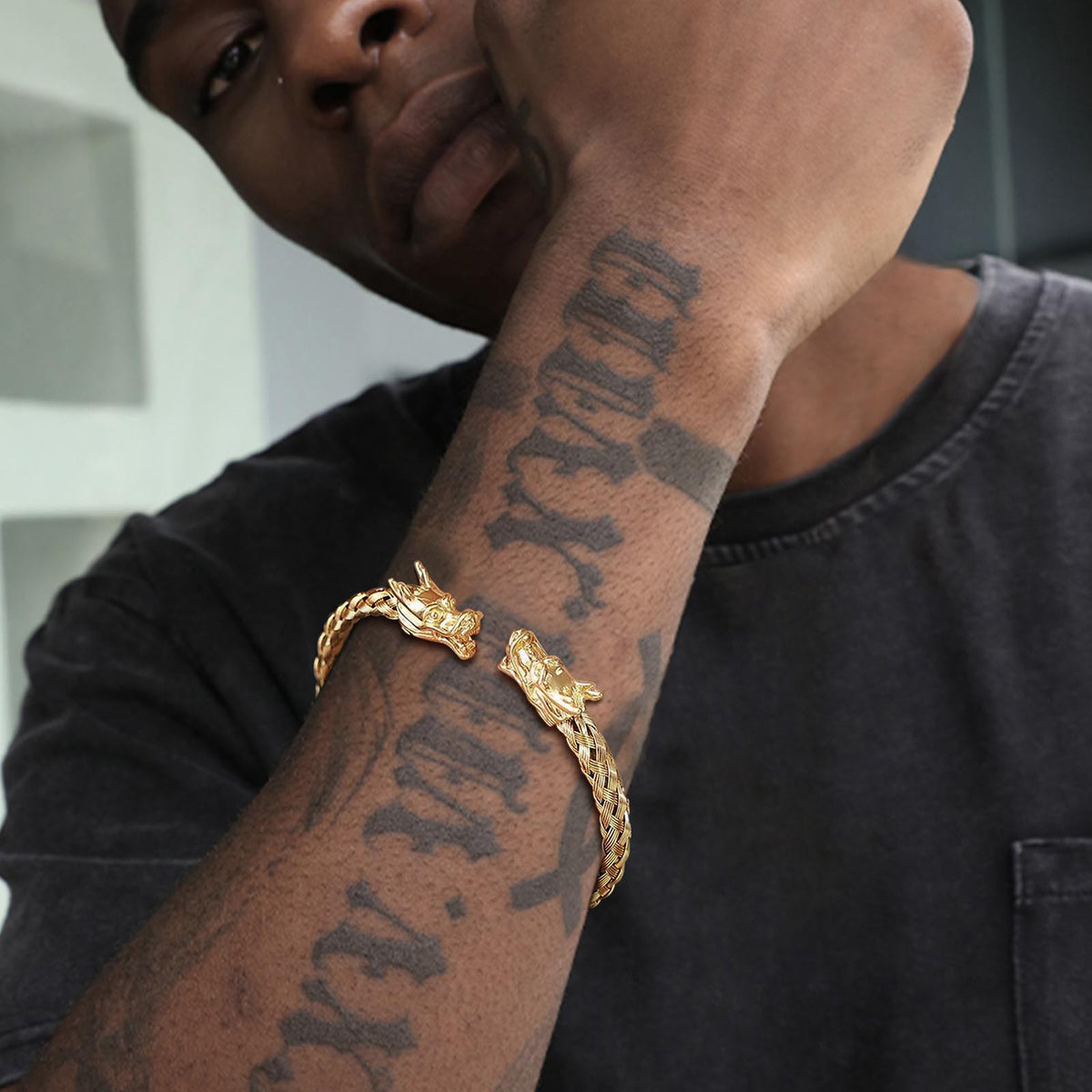 G廠-鈦鋼跨境飾品 男士潮流嘻哈酷手環不鏽鋼編織龍頭開口手鐲「B-444」25.07-2