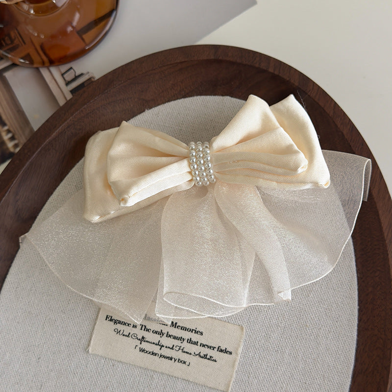 E廠-緞面歐根紗蝴蝶結頂夾後腦勺彈簧夾仙氣飄飄氣質髮夾珍珠夾子頭飾「27155」25.07-1