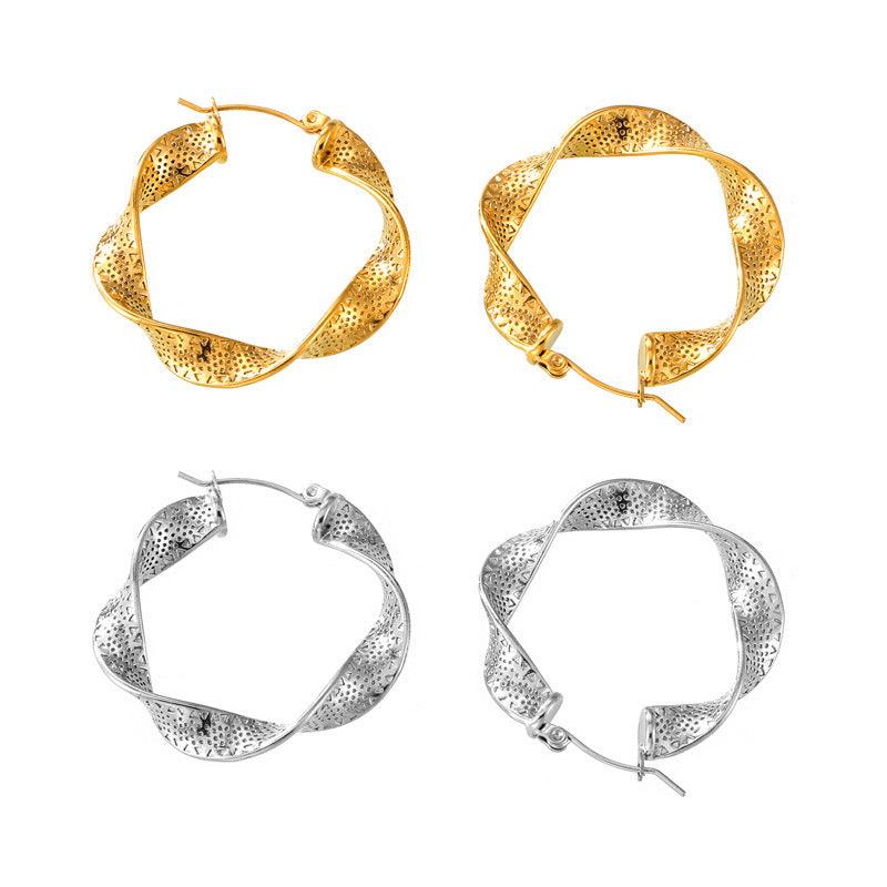 B廠-歐美鈦鋼網紅設計感耳飾ins風金屬紋理U型扭曲耳圈時尚個性耳環「F1564」24.06-1