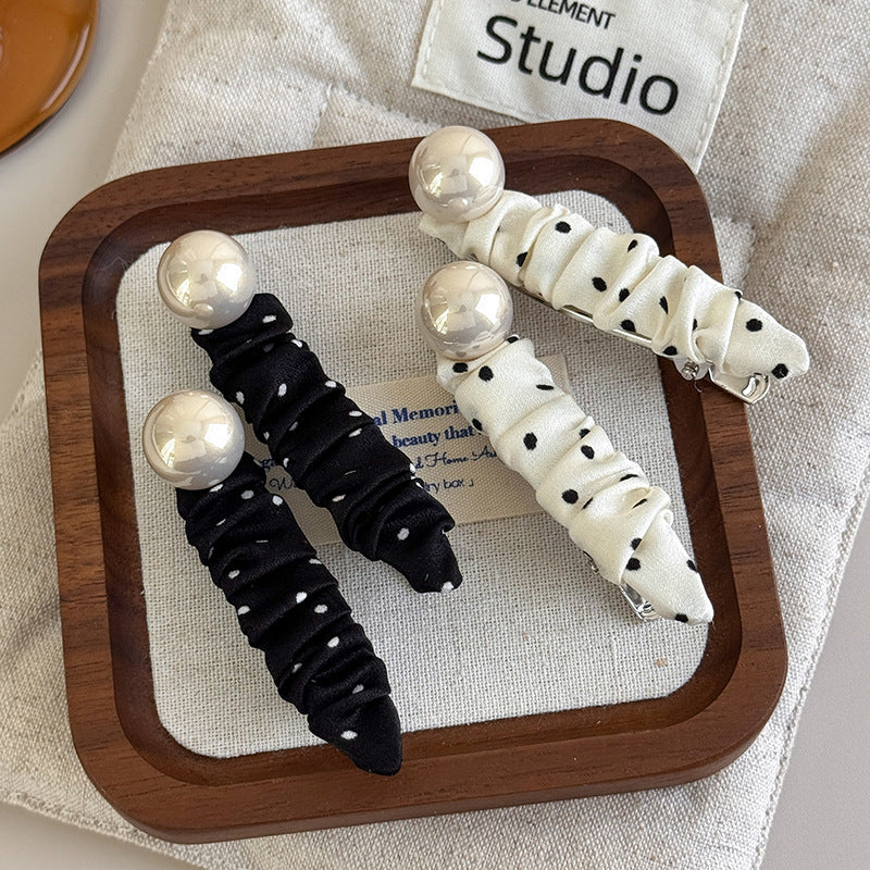 E廠-韓系時尚黑白波點褶皺鴨嘴夾溫柔珍珠布藝橢圓側邊夾瀏海夾碎髮夾「27408」25.08-5