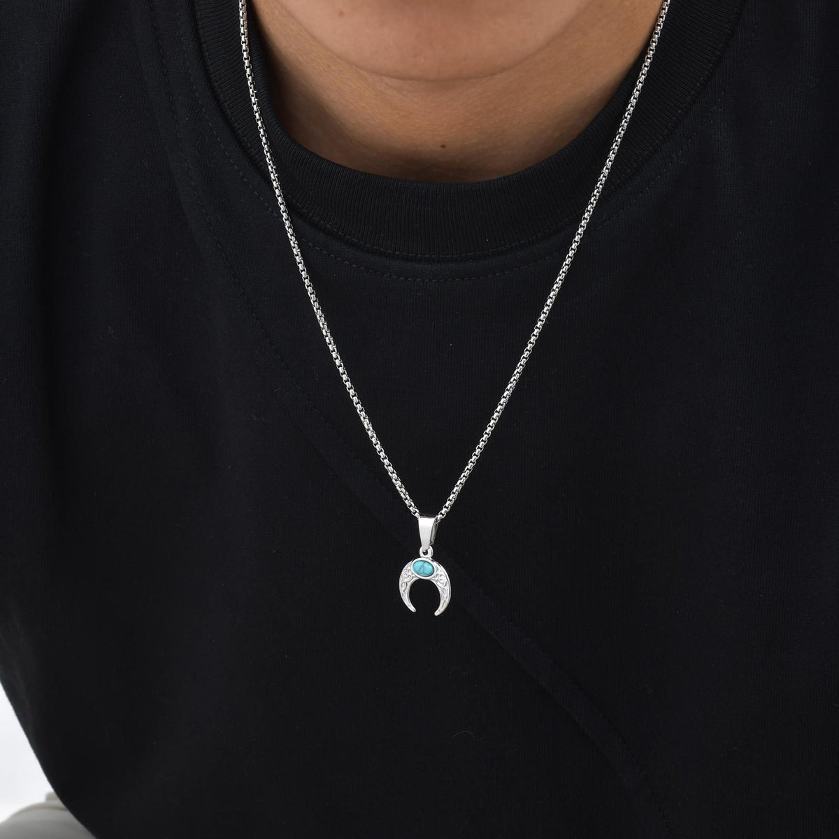 G廠-跨境男士潮流時尚項飾不鏽鋼綠松石月亮吊墜項鍊 飾品批發「PN-2126」25.07-2