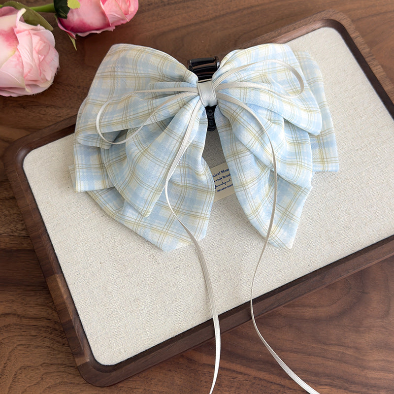 E廠-2025新款甜美格子蝴蝶結絲巾馬尾夾後腦勺夾子頭飾高級感髮飾抓夾「27132」25.06-4