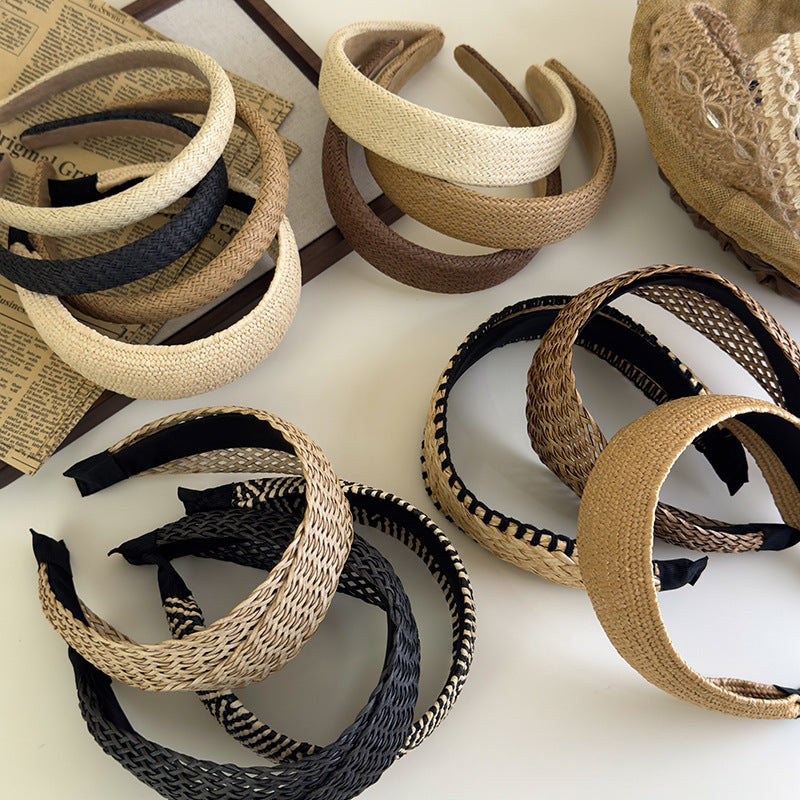 E廠-度假風草編寬邊髮箍女款波西米壓頭箍日常外戴髮捆高顱頂洗臉髮卡「25684」25.06-4