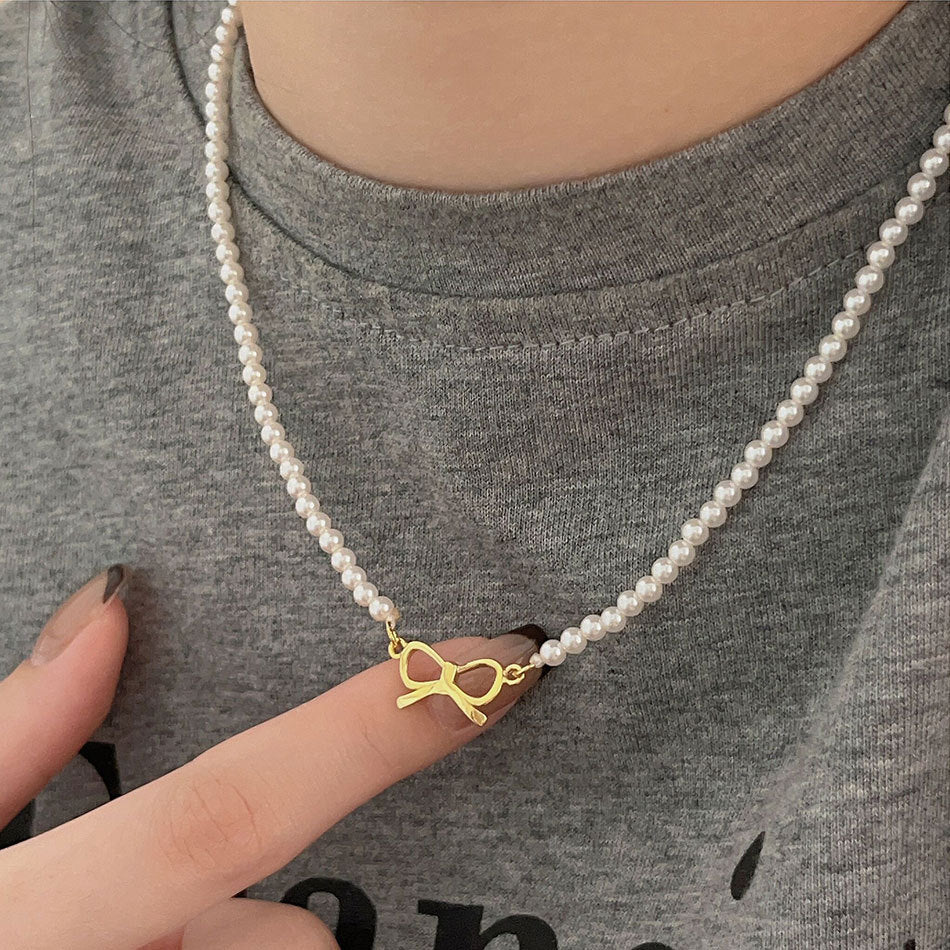 F廠-韓國韓版925純銀蝴蝶結人造水晶珍珠項鍊簡約ins小紅書項鍊「B1219」25.08-4