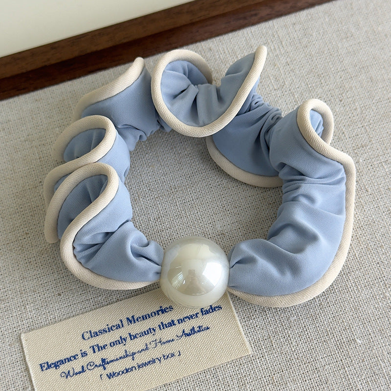 E廠-軟萌奶藍色蕾絲花邊珍珠髮圈甜美少女心大腸圈扎髮繩頭花皮筋頭飾「27115」25.06-4