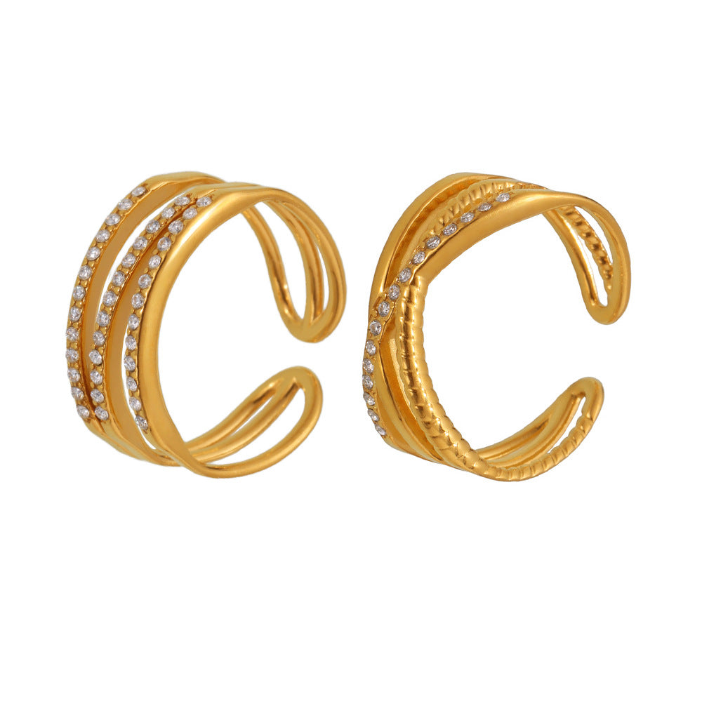 B廠-5A鋯石超細三層戒指不鏽鋼真空電鍍18K真金開口可調節飾品「A035-A043」25.04-4