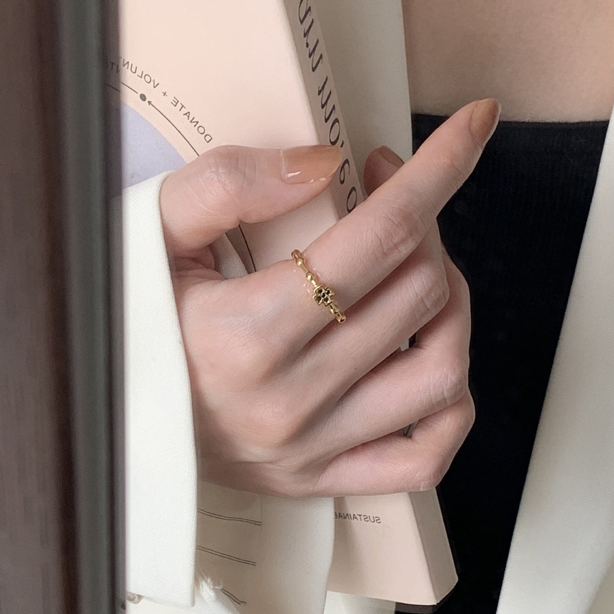 F廠-韓國韓版 925純銀黑鑽十字架戒金色戒簡約百搭INS網紅小眾戒指「J943」25.08-1