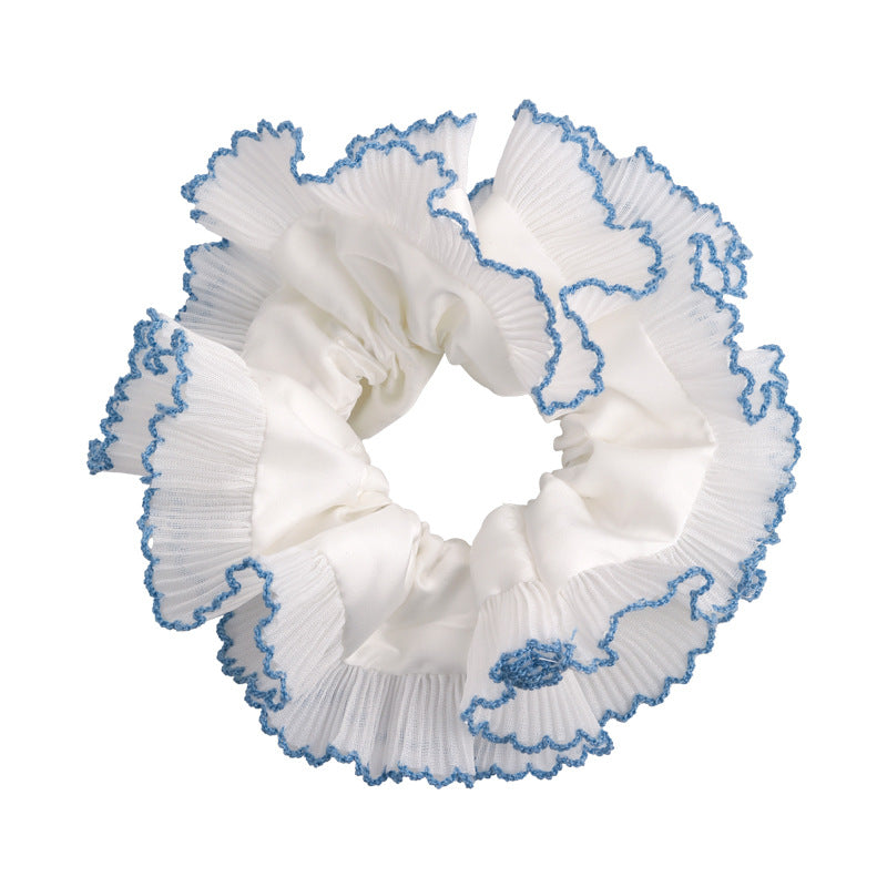 E廠-藍色系格子大腸髮圈雙層蕾絲花邊丸子頭馬尾髮繩甜美小清新髮飾「26437 26844」25.05-1