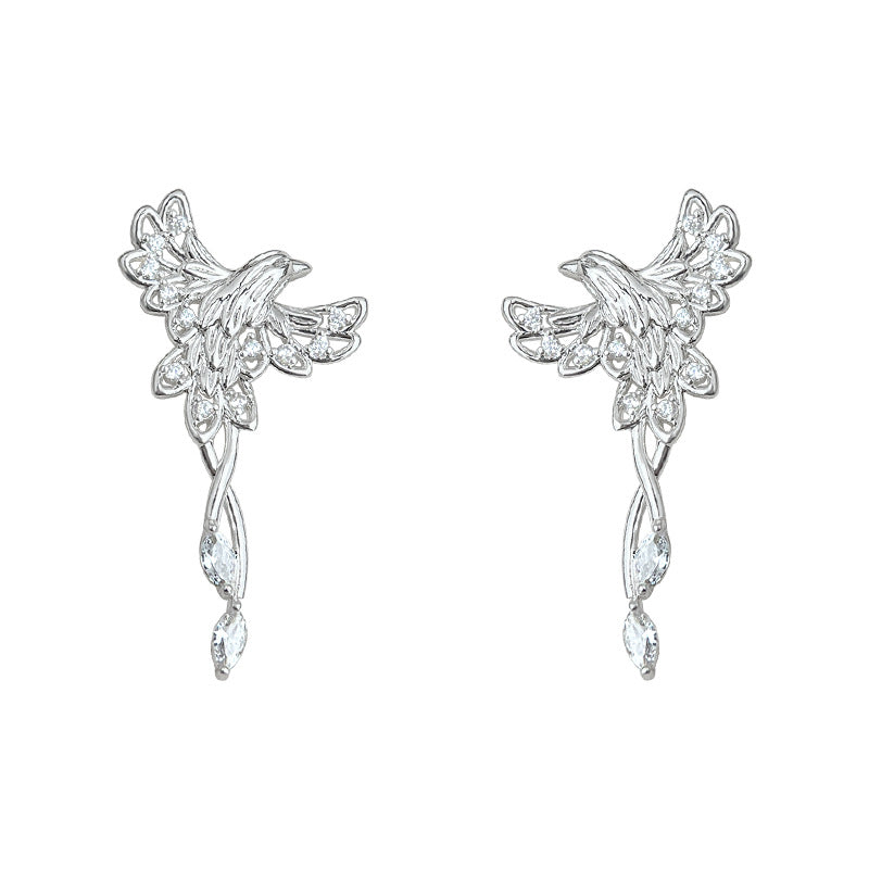 A廠-原創鳳舞~微鑲鋯石925銀針鍍厚銀鳳凰鳥耳環女輕奢風個性小眾耳飾「6854」25.10-3