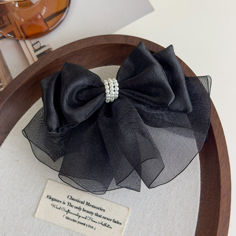 E廠-緞面歐根紗蝴蝶結頂夾後腦勺彈簧夾仙氣飄飄氣質髮夾珍珠夾子頭飾「27155」25.07-1