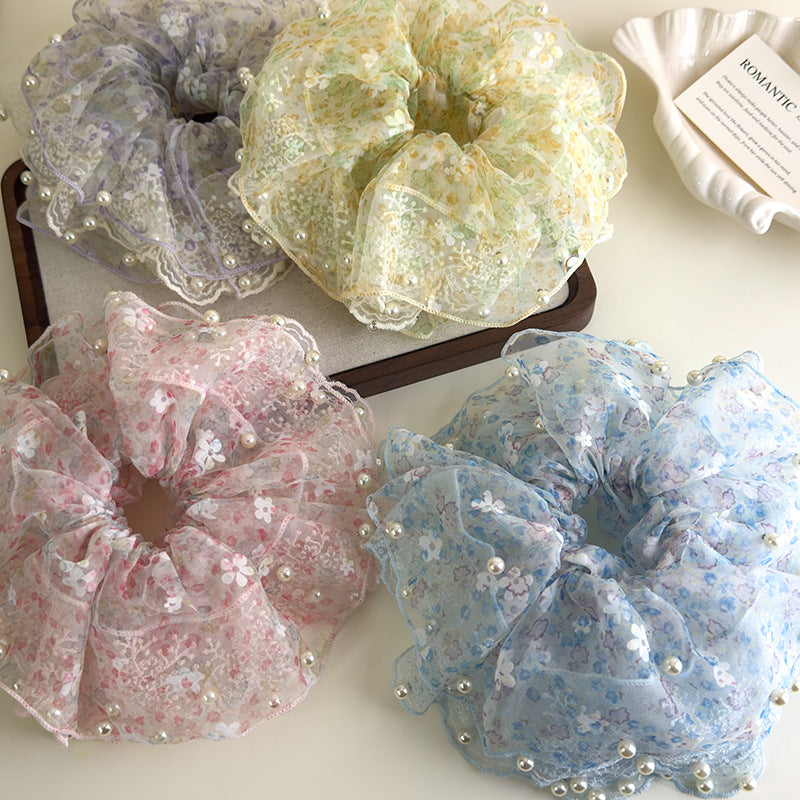 E廠-超仙蕾絲花朵珍珠大腸髮圈女高端大腸頭繩耐用皮筋精緻扎頭髮髮飾「27127」25.06-4