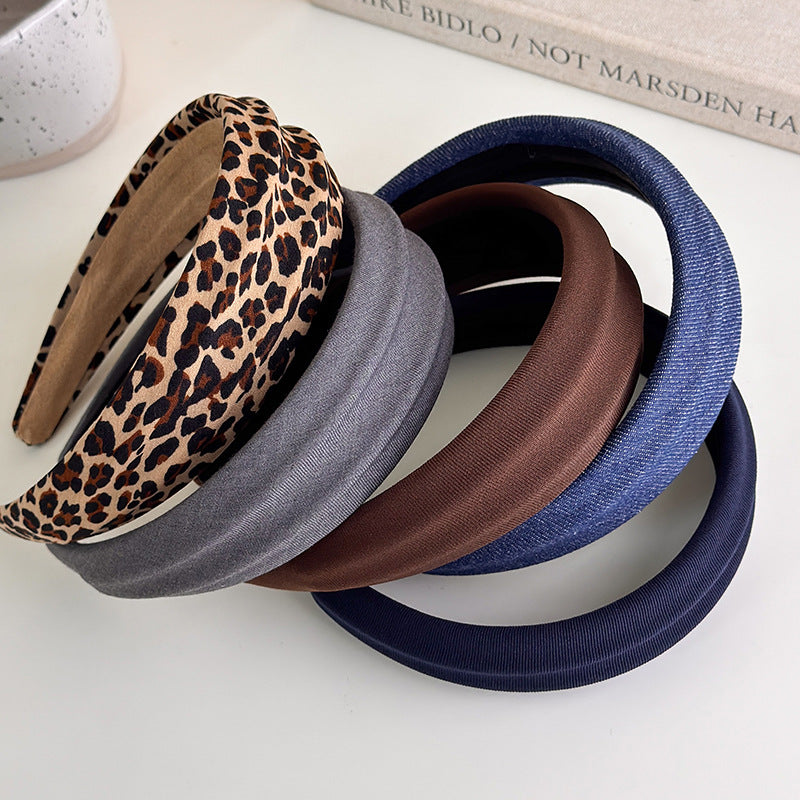 E廠-韓國復古豹紋牛仔凹凸髮箍女時尚寬版防滑秋冬髮飾外出高顱頂頭箍「27424 27250B」25.09-1