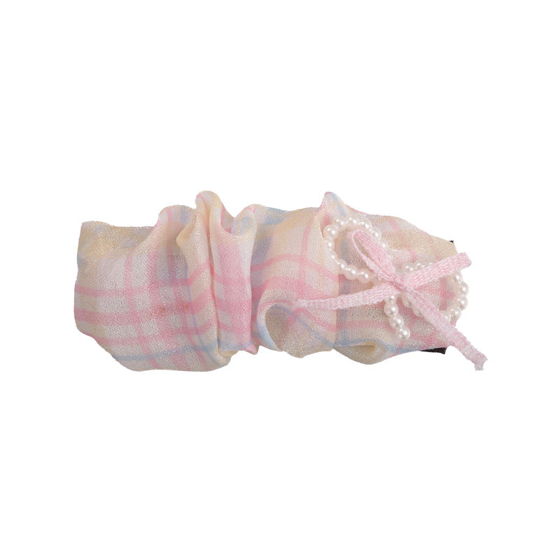 E廠-可愛奶油系淺色格子蝴蝶結大腸髮圈甜美珍珠蝴蝶結髮夾髮飾髮繩女「27114」25.06-4